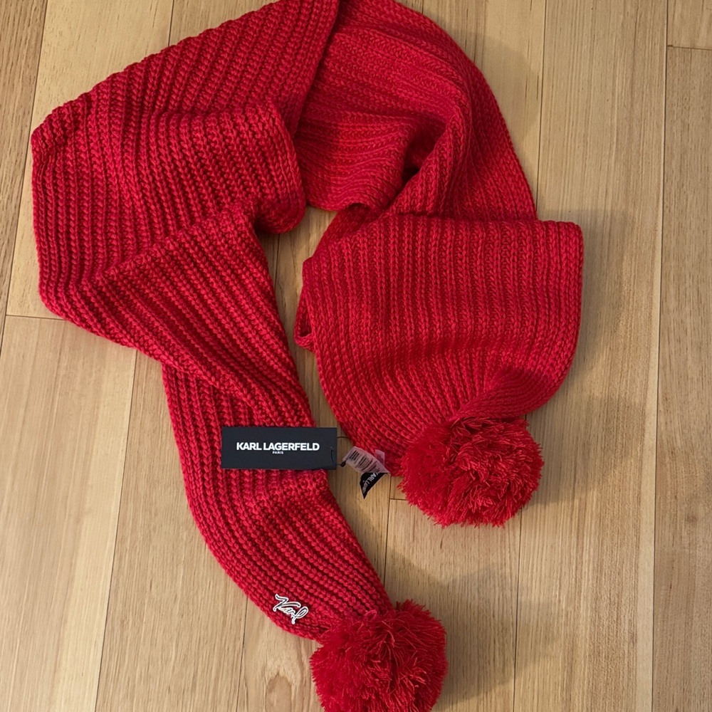 Karl Lagerfeld Women’s Red Knit Scarf 🧣 with Pom Poms